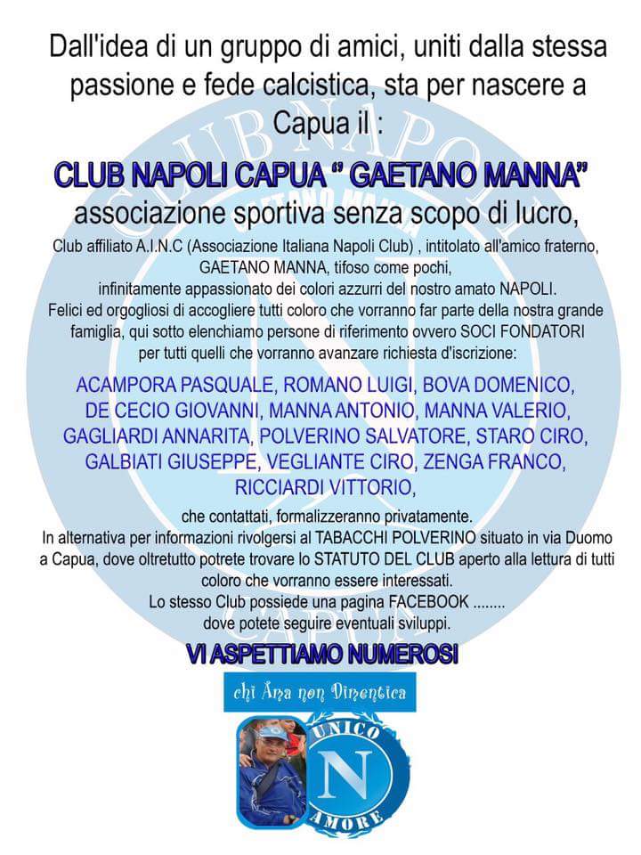 Capua, sono partite le iscrizioni dei soci per il nuovo club Napoli ... - Caserta Today (Comunicati Stampa) (Blog)